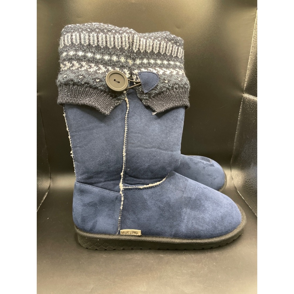 Muk Luks Cozy Navy Blue Faux Suede Knit Cuff Fair Isle Winter Boots Womens 10